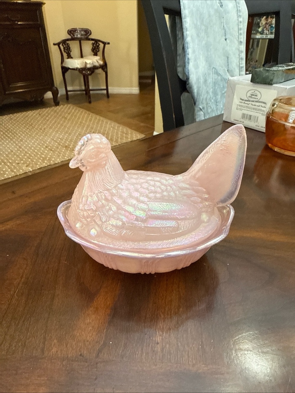 Vintage Fenton Iridescent Pink Glass Hen on Nest Candy Dish
